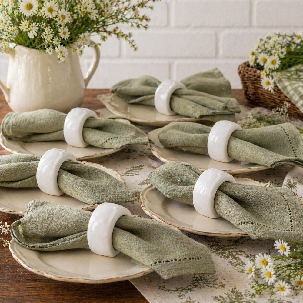 Set of 6 White Porcelain Napkin Rings Embossed Ceramic Vintage Cottage Table